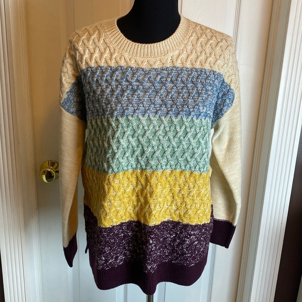 St John’s Bay Multi Color Colorblock Cable Knit Crewneck Sweater sz L NWT